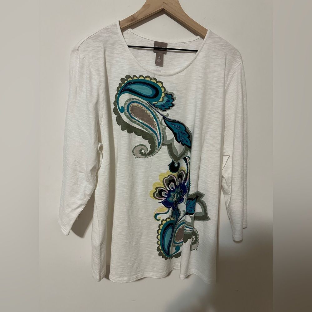 Chico's Paisley Array‎ Embellished Scoop Neck Top SZ 4 Pattern Blue 3/4 Sleeves